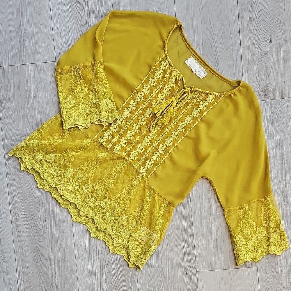 A'reve Lace Crochet Boho Bell Sleeve Sheer  Mustard Yellow Blouse, Small